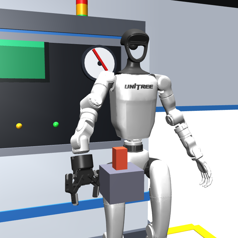 corrected scene: the tool rests flush on the pedestal and the gripper respects the solid surface